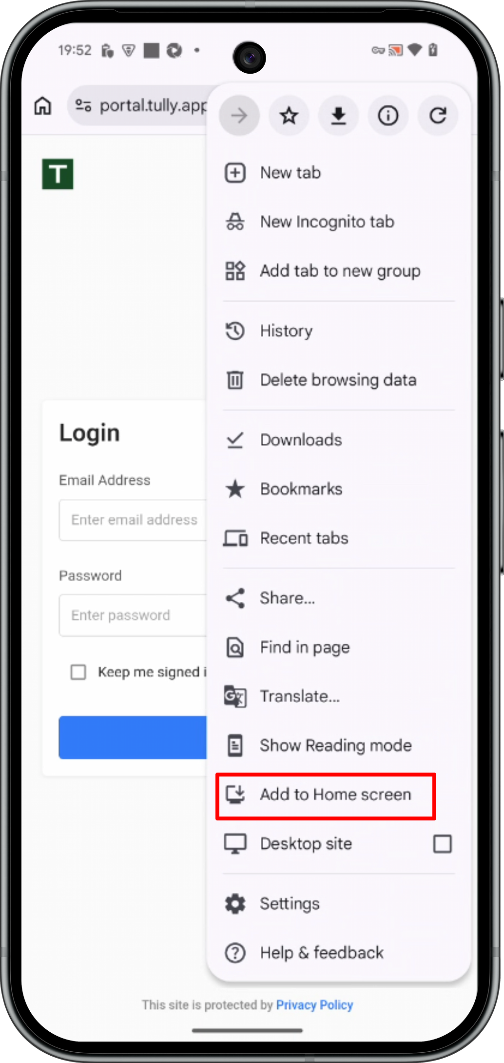 Android Chrome menu with Add to Home screen highlighted for Tully