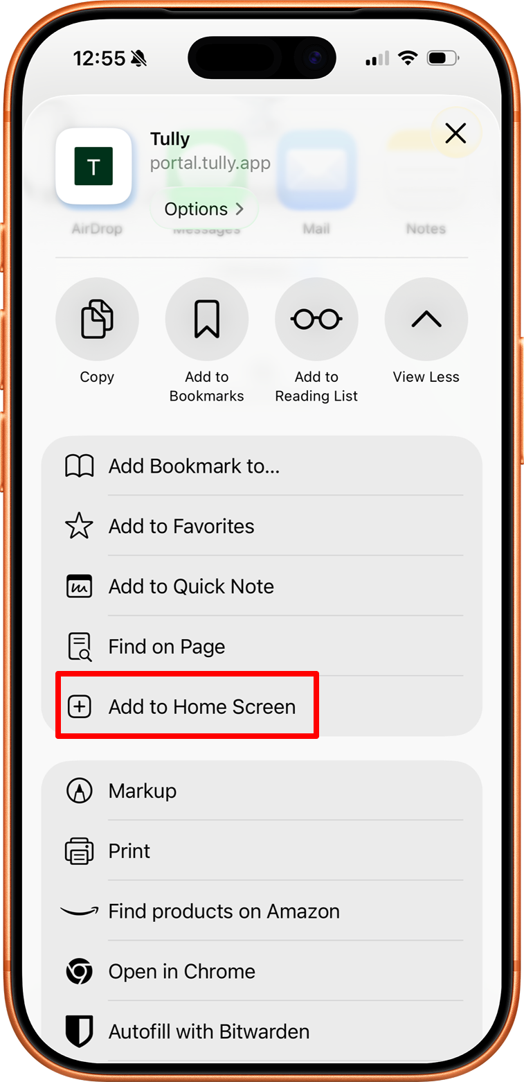 iPhone Share menu with Add to Home Screen highlighted for Tully