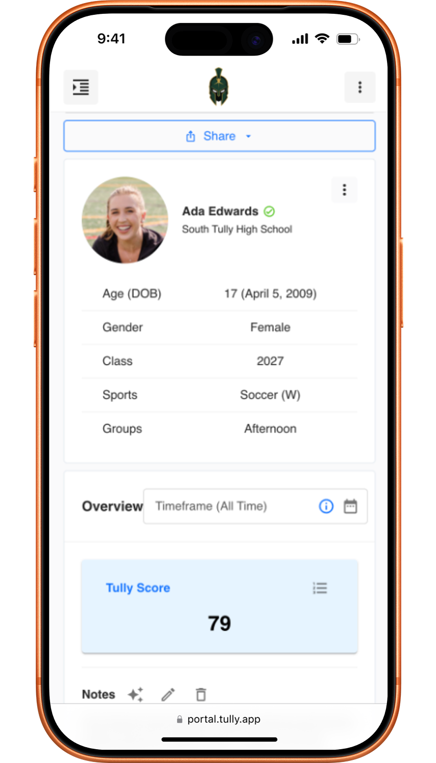 Tully athlete summary on a mobile device