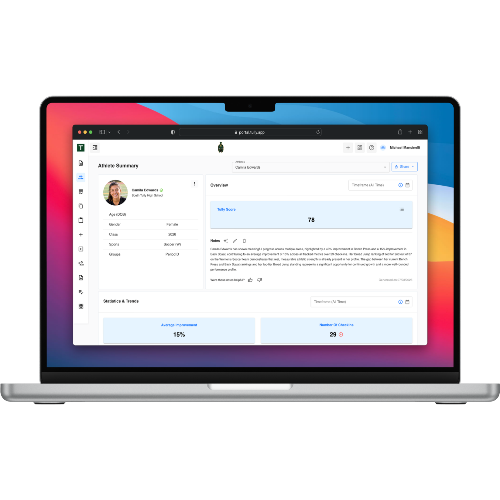 Tully athlete summary on a MacBook