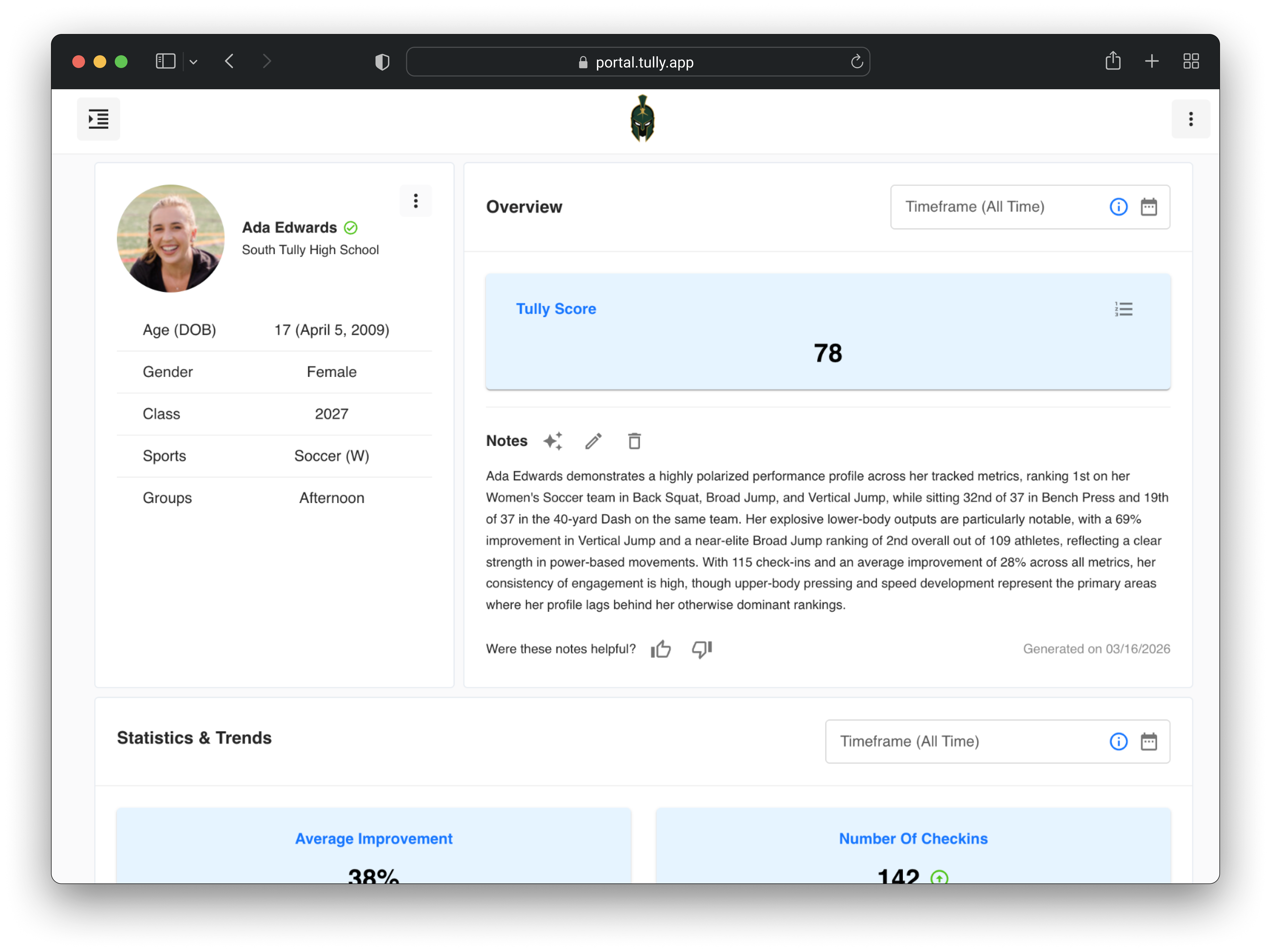 Tully athlete summary page showing a Tully Score of 78 and development notes