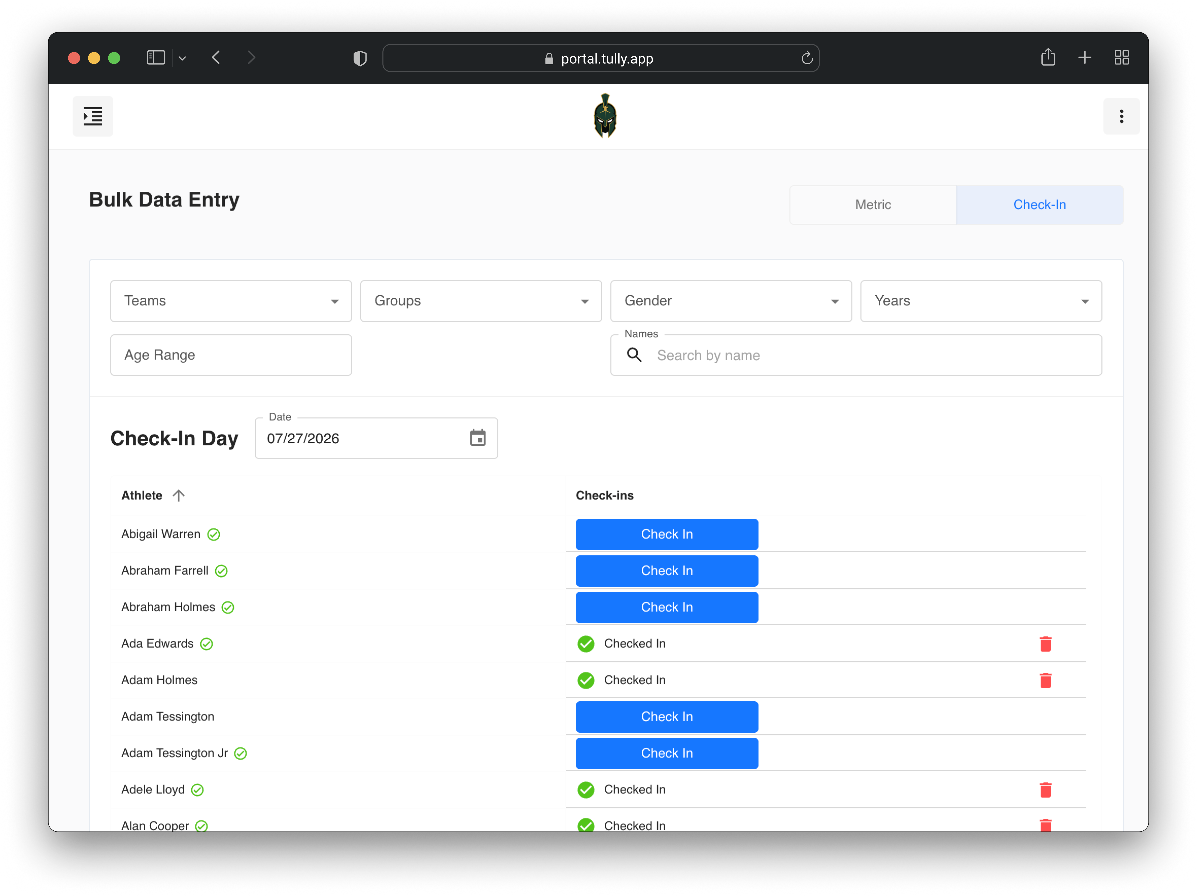 Tully bulk data entry page showing athlete check-ins