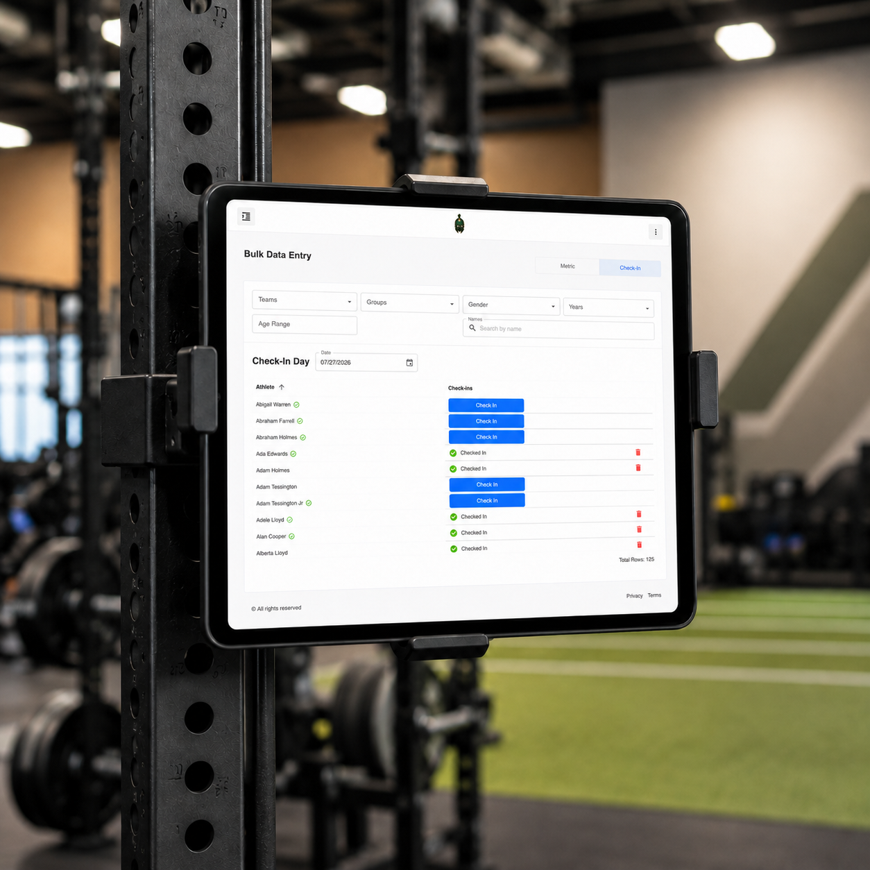 Tully running on a rack-mounted tablet in a sports performance facility