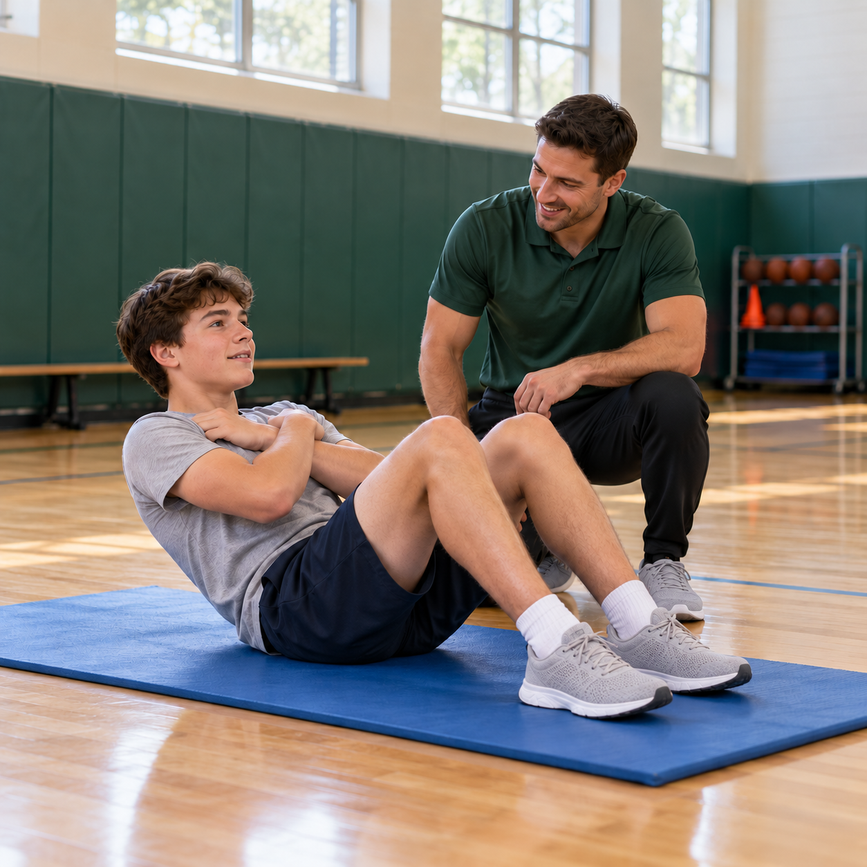 AI-generated scene of a student completing a sit-up assessment with a PE instructor