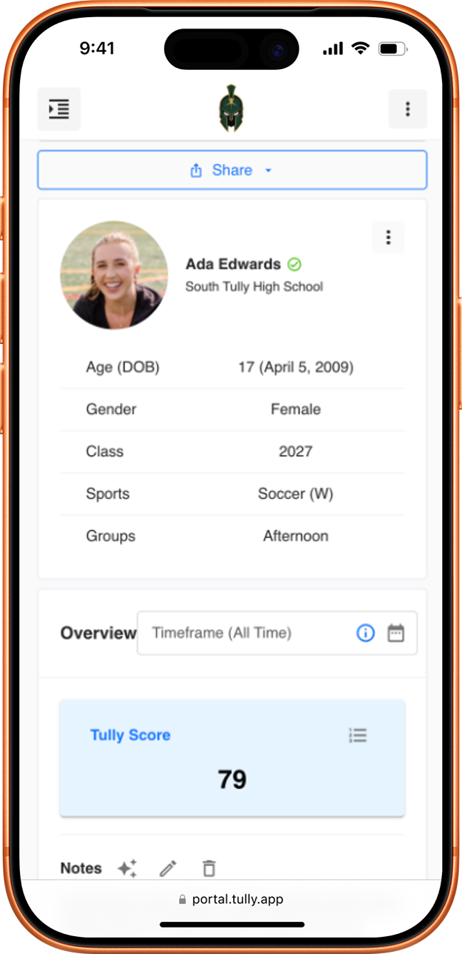 Tully athlete portal showing an athlete summary and progress